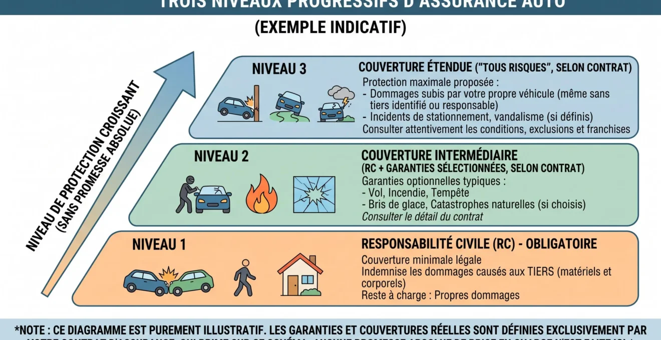 Schéma des niveaux de couverture d’une assurance auto du minimum légal aux garanties étendues